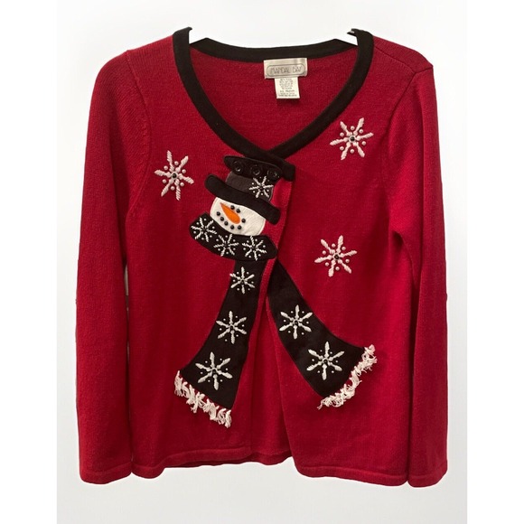 Mandal‎ Bay Vintage Christmas Snowman 3 Button Cardigan Women's Size Medium Red - Picture 1 of 12